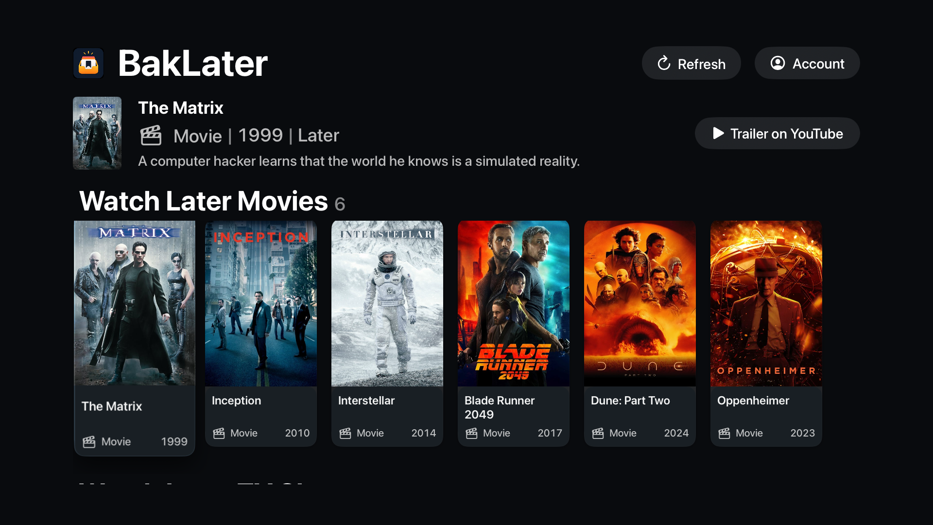 BakLater library interface on Apple TV